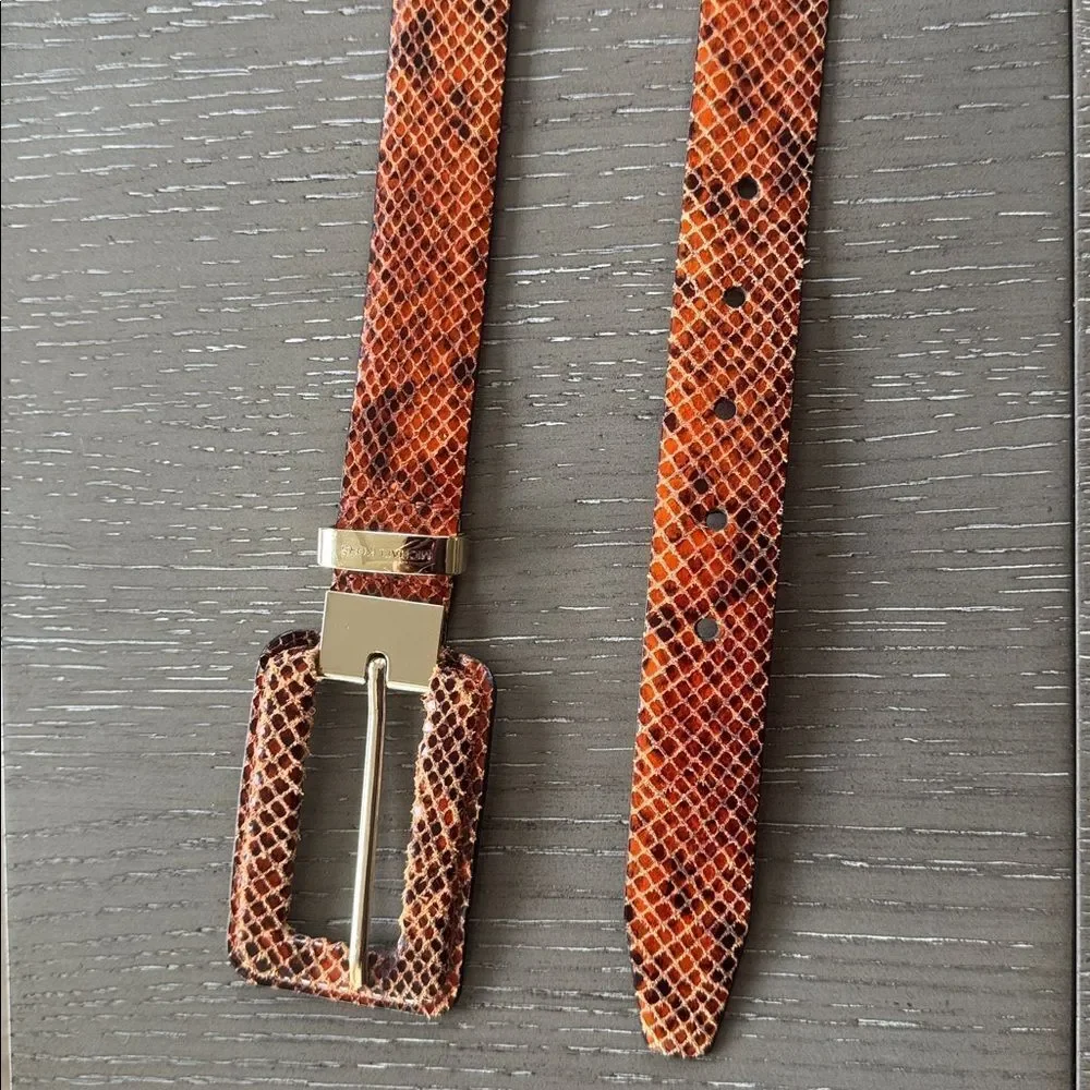 Michael Kors Brown Orange Leather Belt with Gold Tone Buckle Snake Print Size L